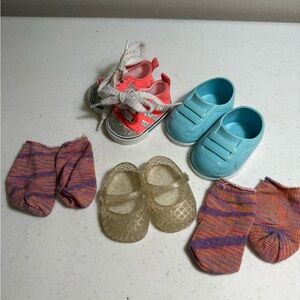 Our Generation jelly shoes bright neon orange tennis shoes blue shoes 2 socks